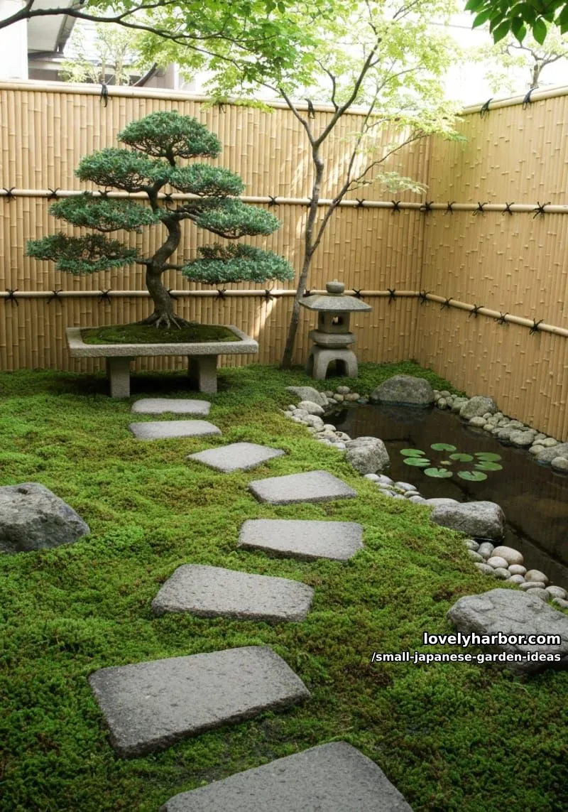20 Small Japanese Garden Ideas for a Zen Atmosphere 35 small japanese courtyard with bonsai, moss, stepping stones, pond, and bamboo fencing. 1