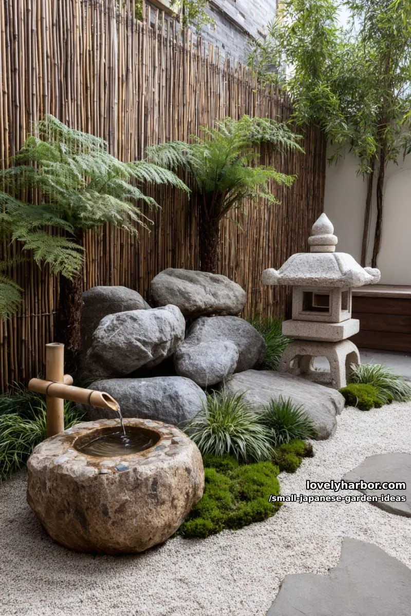 20 Small Japanese Garden Ideas for a Zen Atmosphere 19 small japanese garden with bamboo fencing, rocks, gravel, stone lantern, and water basin. 1