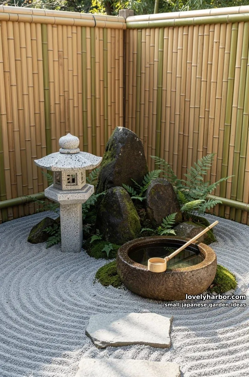 20 Small Japanese Garden Ideas for a Zen Atmosphere 20 small japanese garden with bamboo fencing, rocks, gravel, stone lantern, and water basin. 1