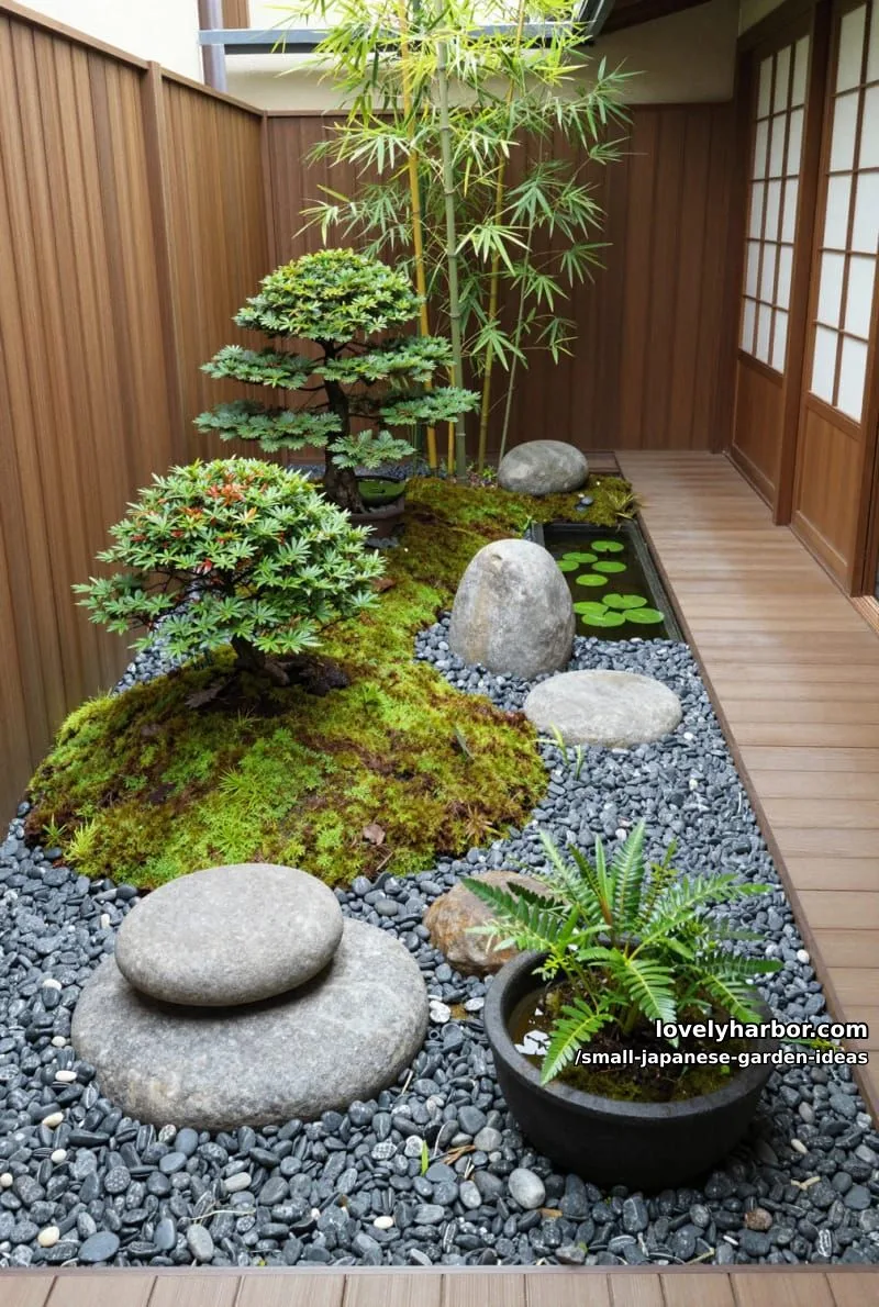 20 Small Japanese Garden Ideas for a Zen Atmosphere 7 small japanese garden with stones, moss, bonsai trees, bamboo, and water features. 1