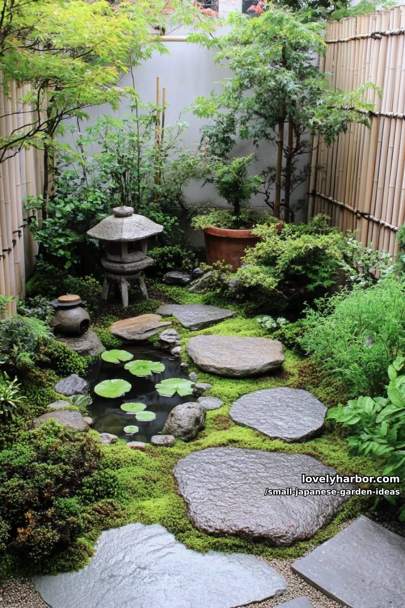 20 Small Japanese Garden Ideas for a Zen Atmosphere 8 small japanese garden with stones, moss, bonsai trees, bamboo, and water features. 1