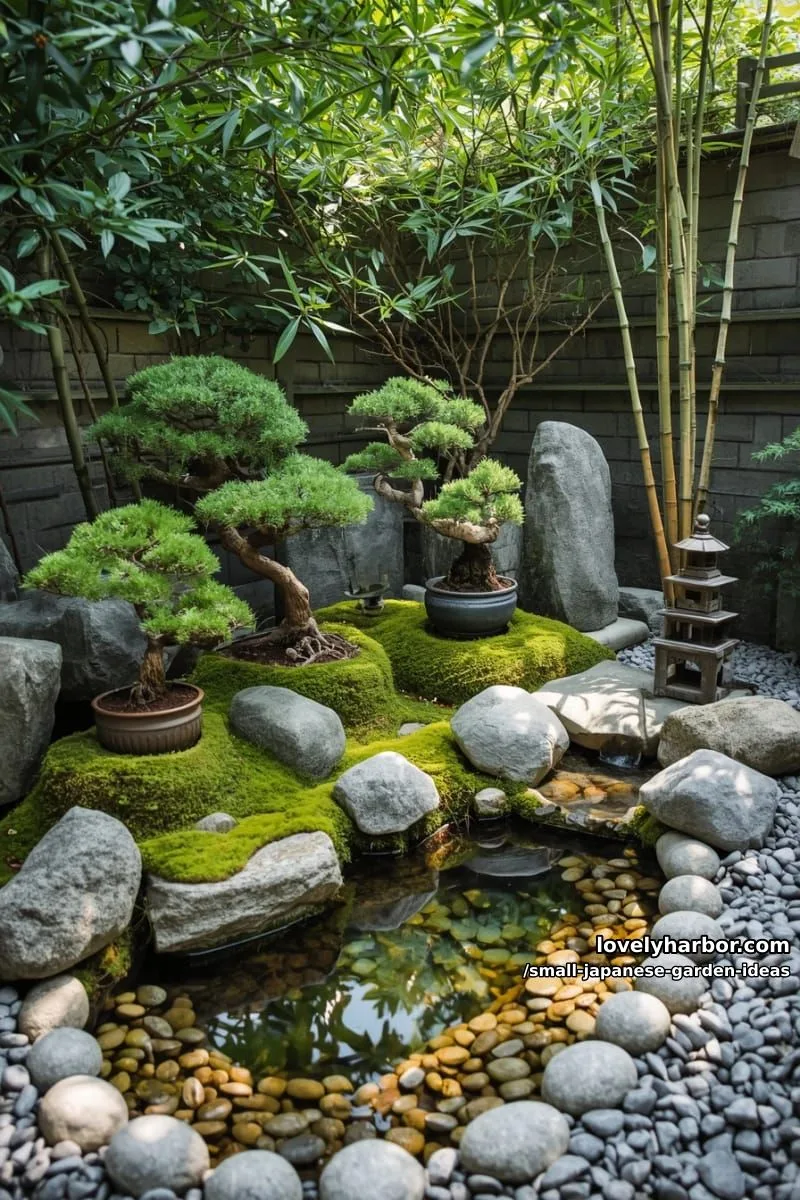 20 Small Japanese Garden Ideas for a Zen Atmosphere 9 small japanese garden with stones, moss, bonsai trees, bamboo, and water features. 1