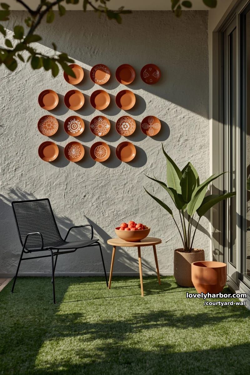 small patio with artificial grass, black chairs, and terracotta plate wall art 1