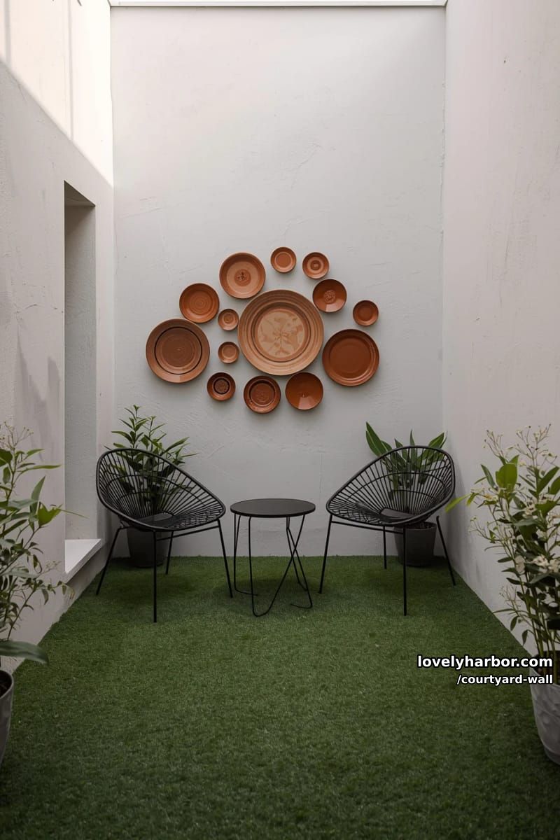 small patio with artificial grass, black chairs, and terracotta plate wall art 1