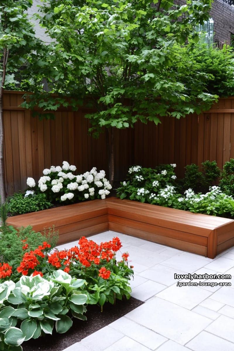 small patio with l-shaped bench, planter boxes, and white flowers 1