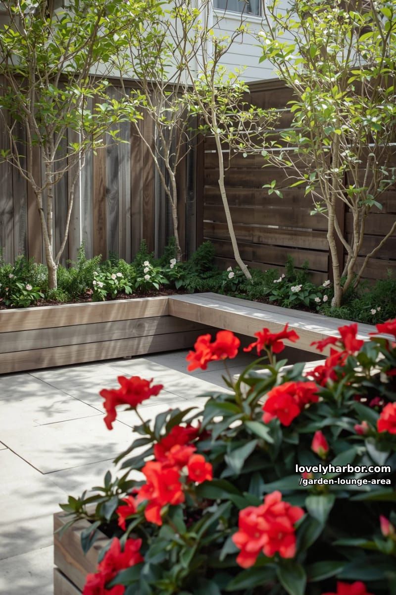 small patio with l-shaped bench, planter boxes, and white flowers 1