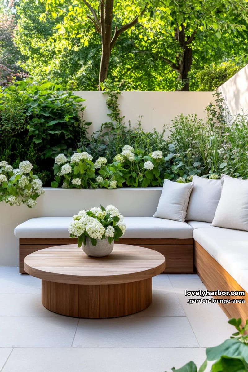 small patio with l-shaped bench, planter boxes, and white flowers 1