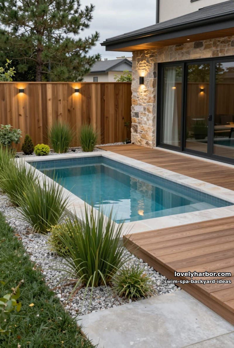 small pool with stone border, wooden deck, and landscape lighting. 1