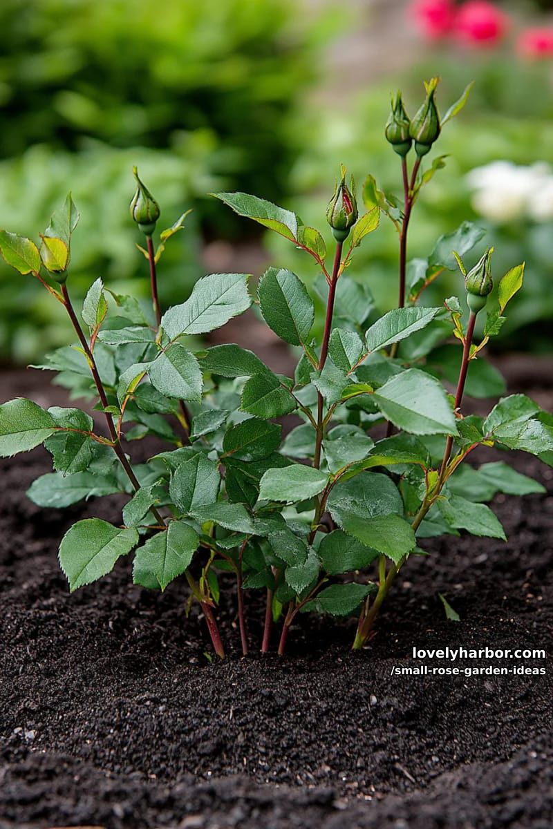 small rose garden with young bushes in freshly mulched soil. 1