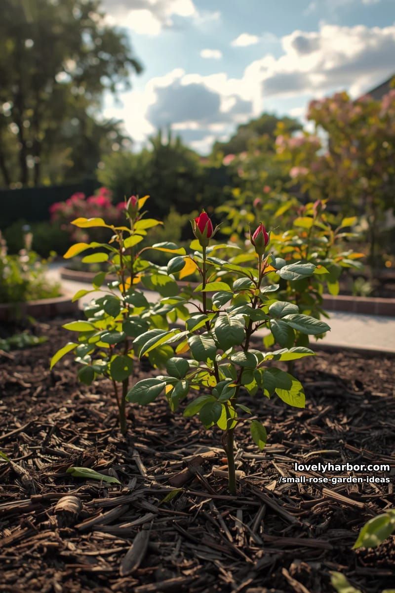small rose garden with young bushes in freshly mulched soil. 1
