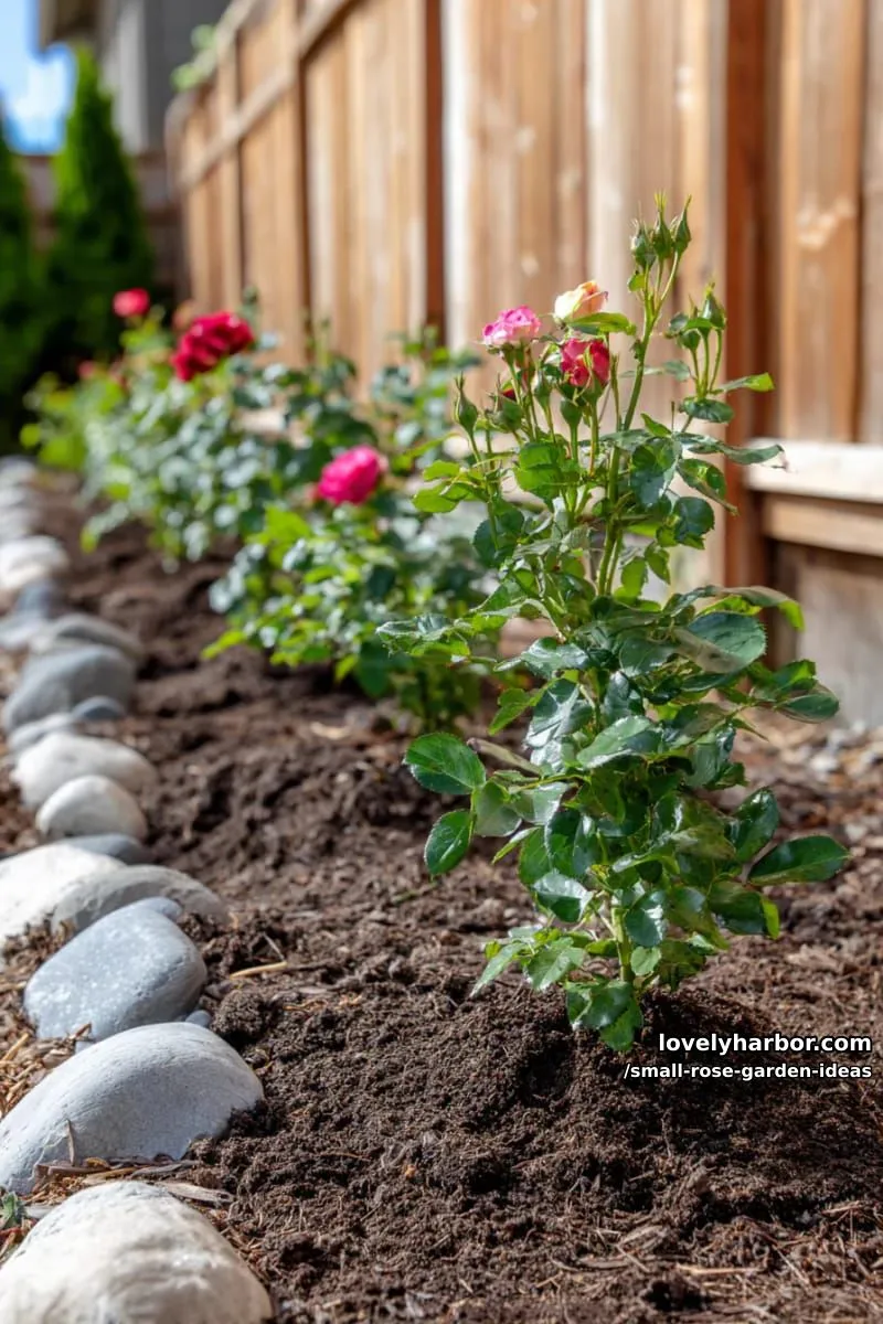 20 Chic Small Rose Garden Ideas for a Refreshing Outdoor Space 34 small rose garden with young bushes in freshly mulched soil. 1