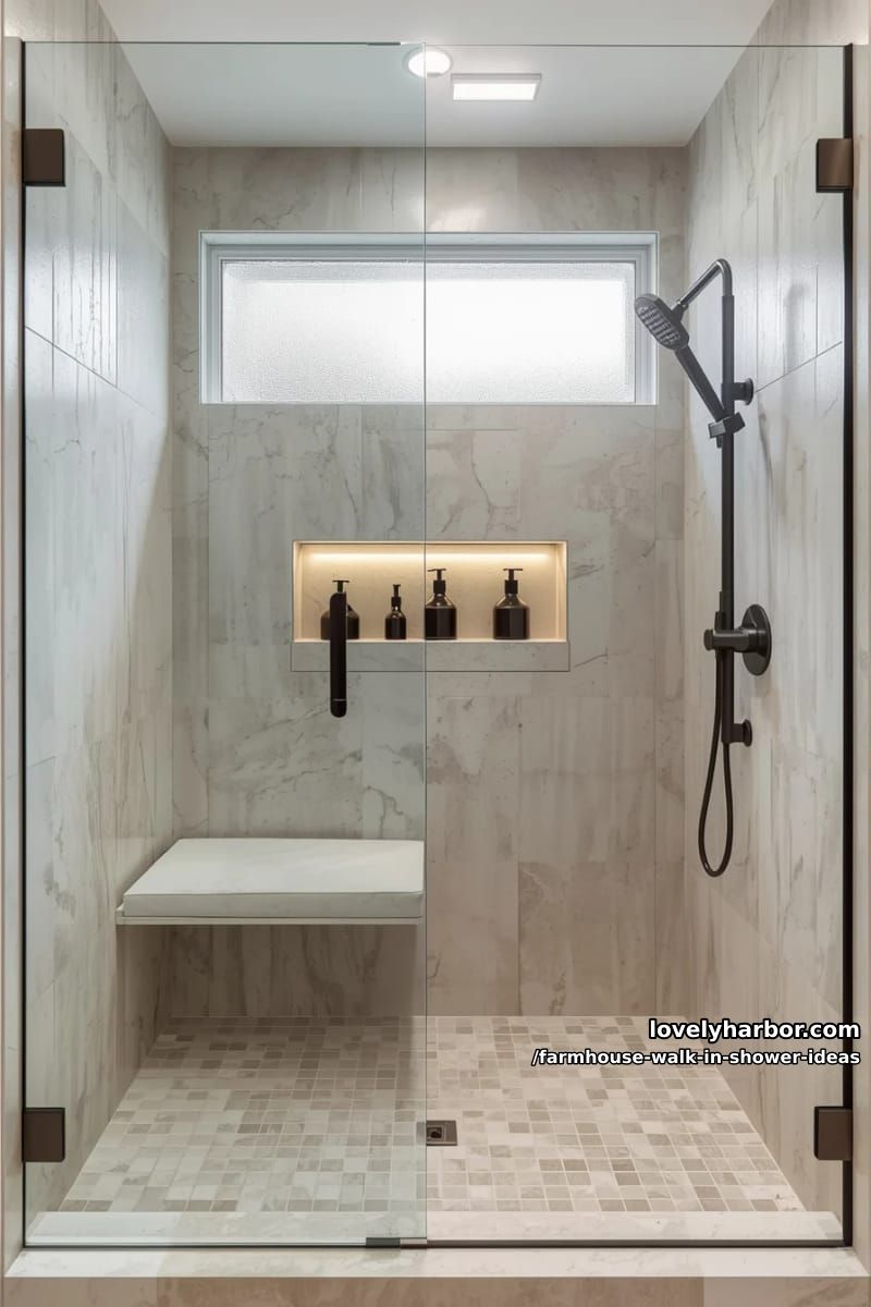 small walk-in shower with beige marble tiles, niche, black fixtures, and floating bench. 1