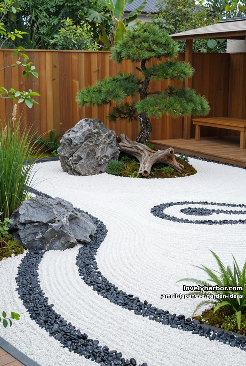 small zen garden with raked gravel, black pebbles, driftwood, pine trees, and deck. 1