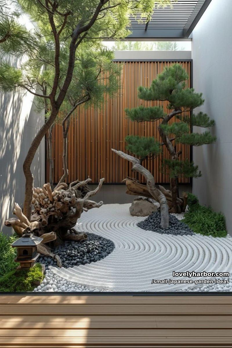 small zen garden with raked gravel, black pebbles, driftwood, pine trees, and deck. 1