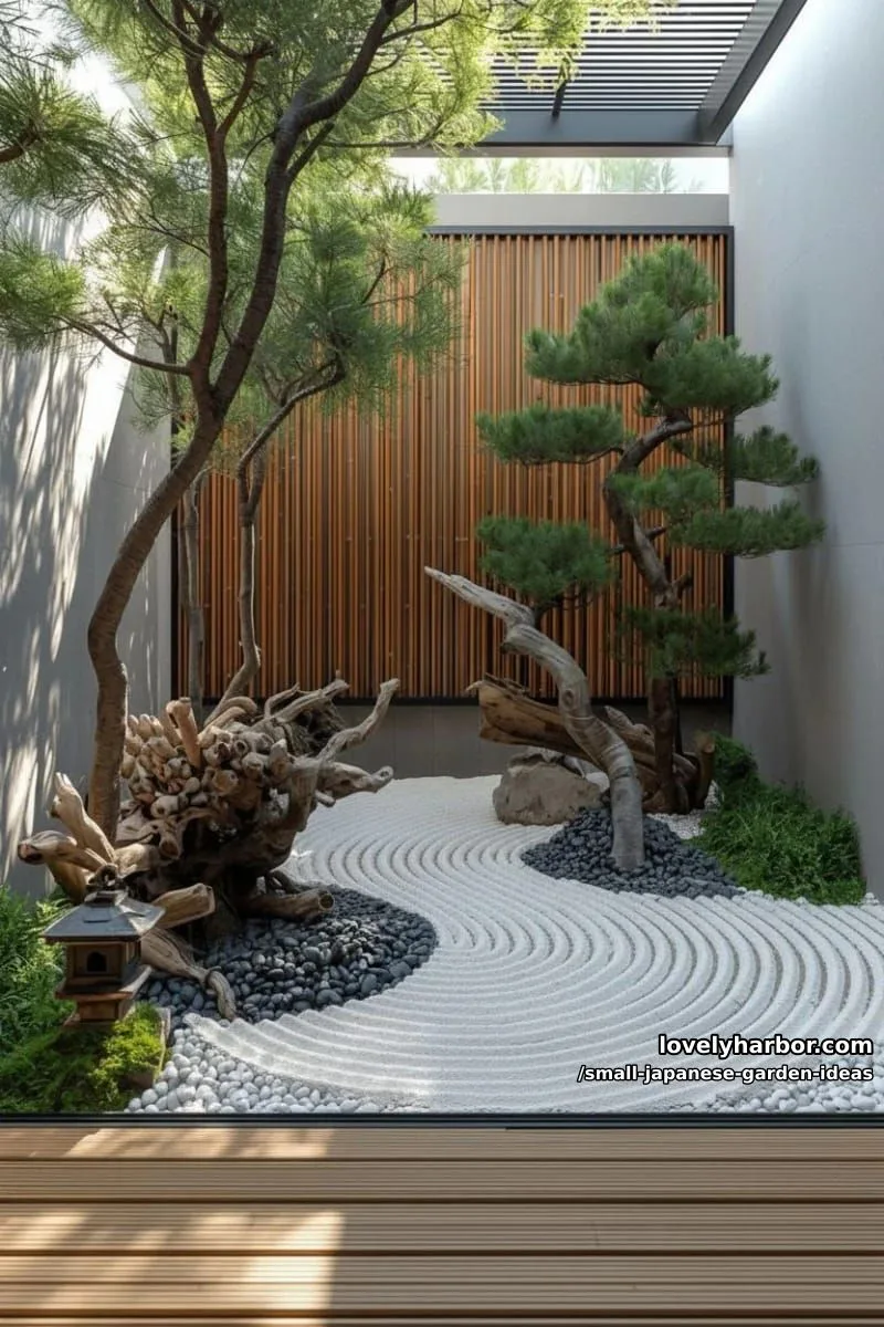 20 Small Japanese Garden Ideas for a Zen Atmosphere 44 small zen garden with raked gravel, black pebbles, driftwood, pine trees, and deck. 1
