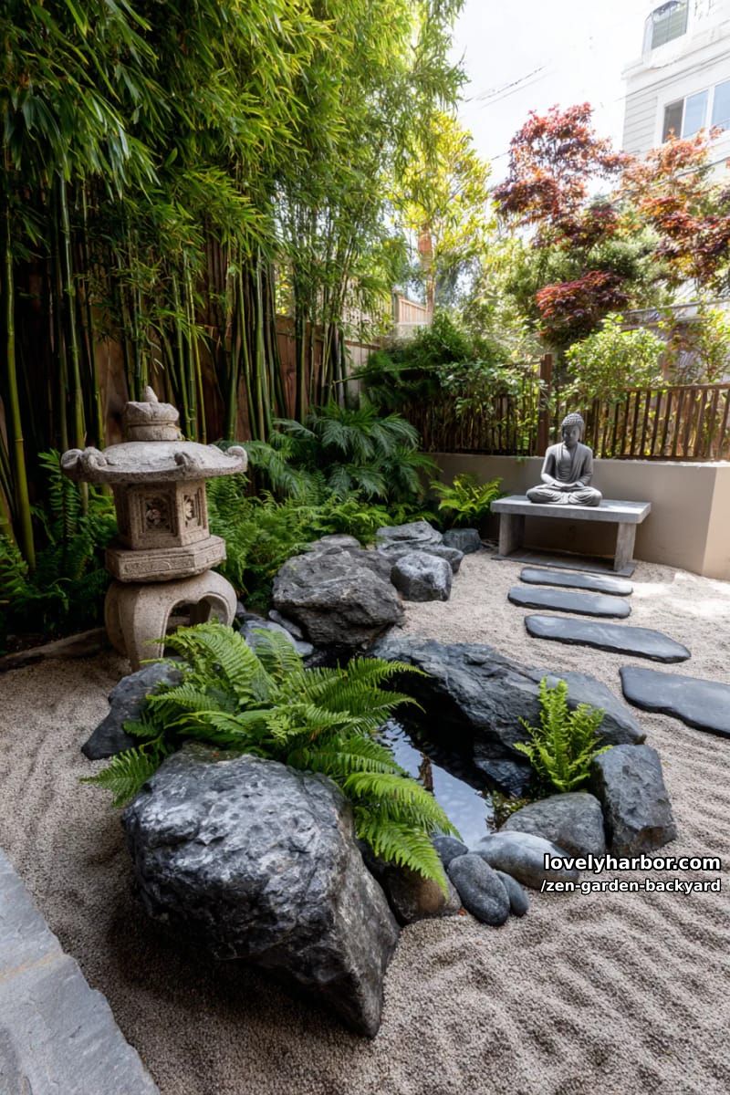 small zen-inspired garden with stone lantern, pond, and buddha statue. 1