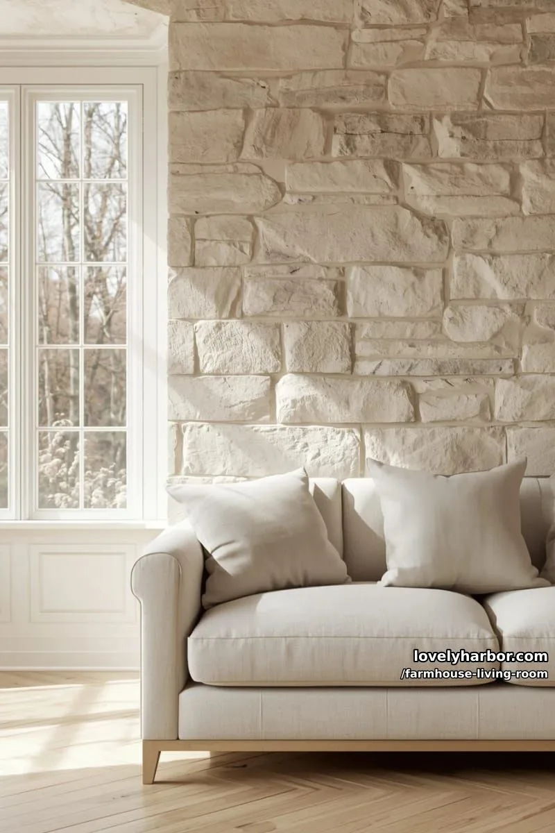 sofa, beige stone wall, and soft daylight background 1