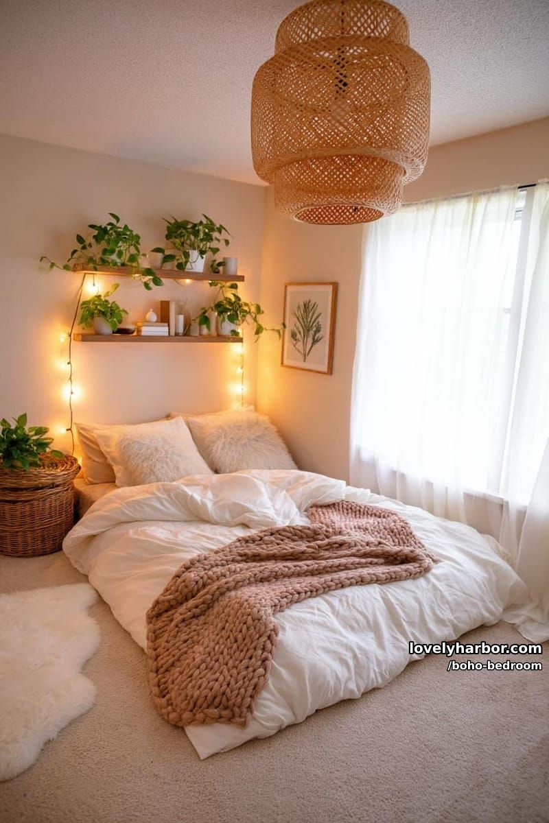 soft beige bedroom with floating shelves, string lights, and rattan pendant. 1