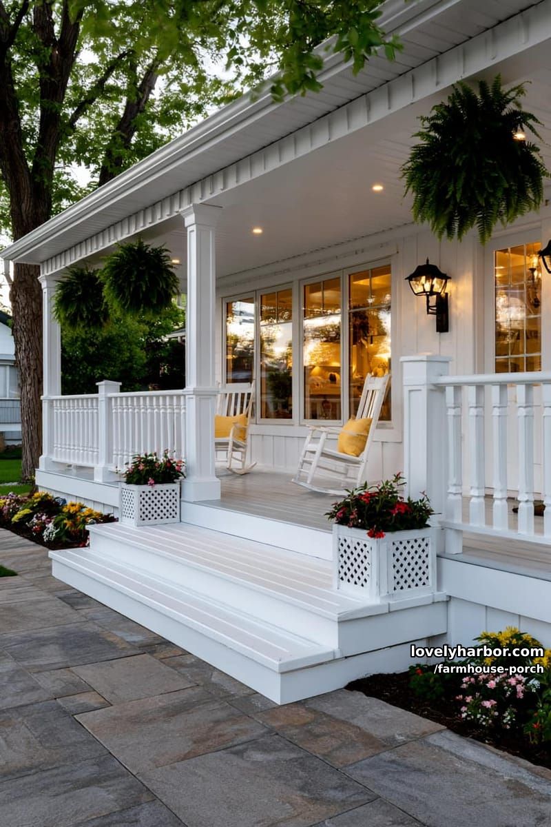 southern-style porch with white railings, rocking chairs, potted plants, and stone walkway. 1