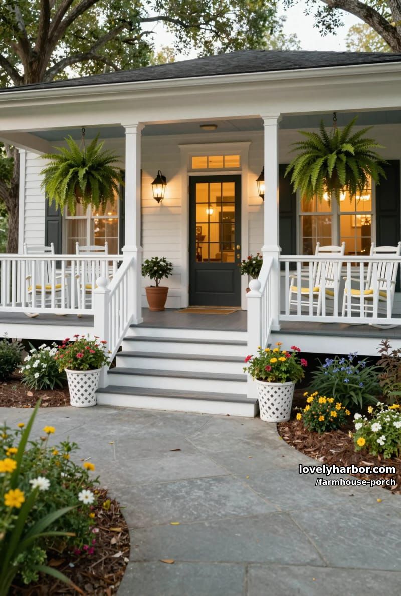 southern-style porch with white railings, rocking chairs, potted plants, and stone walkway. 1