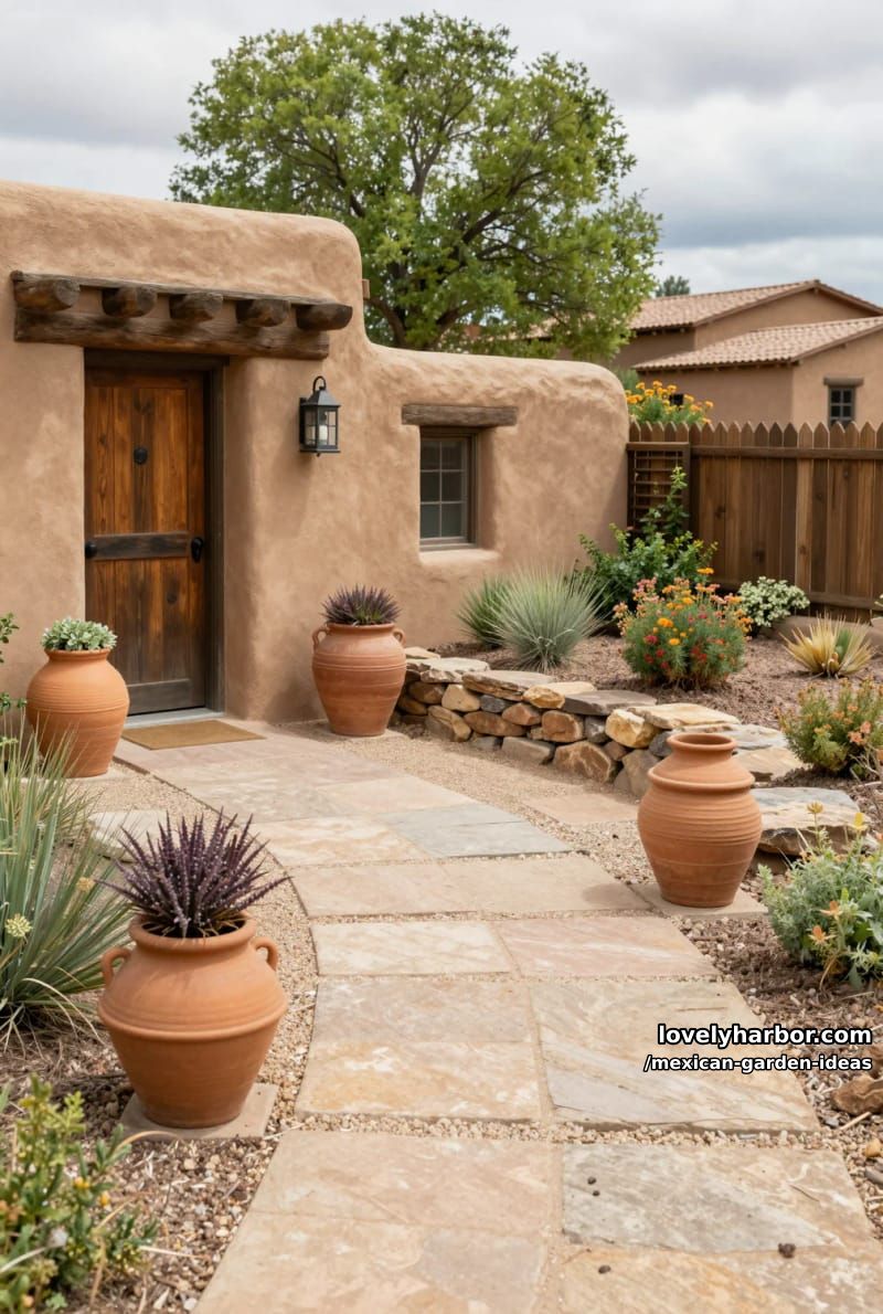 southwestern courtyard with adobe walls, flagstone path, and terracotta pots. 1
