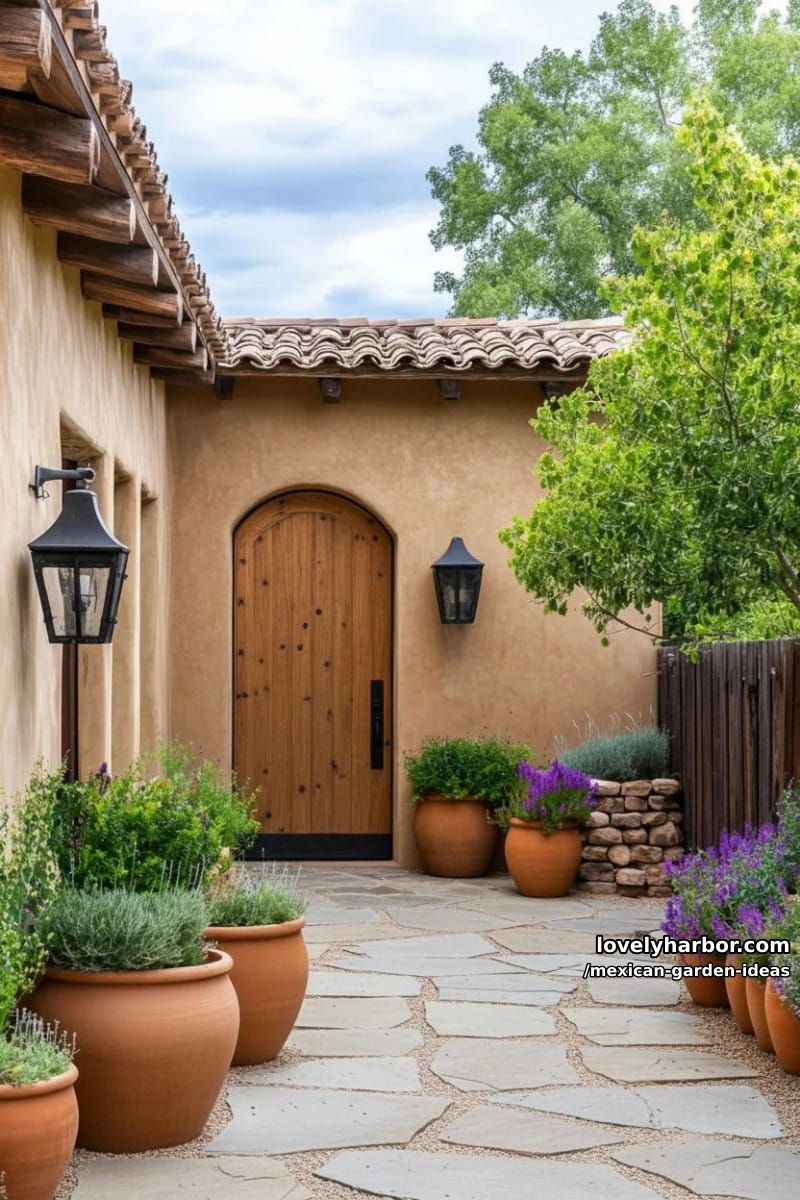 southwestern courtyard with adobe walls, flagstone path, and terracotta pots. 1