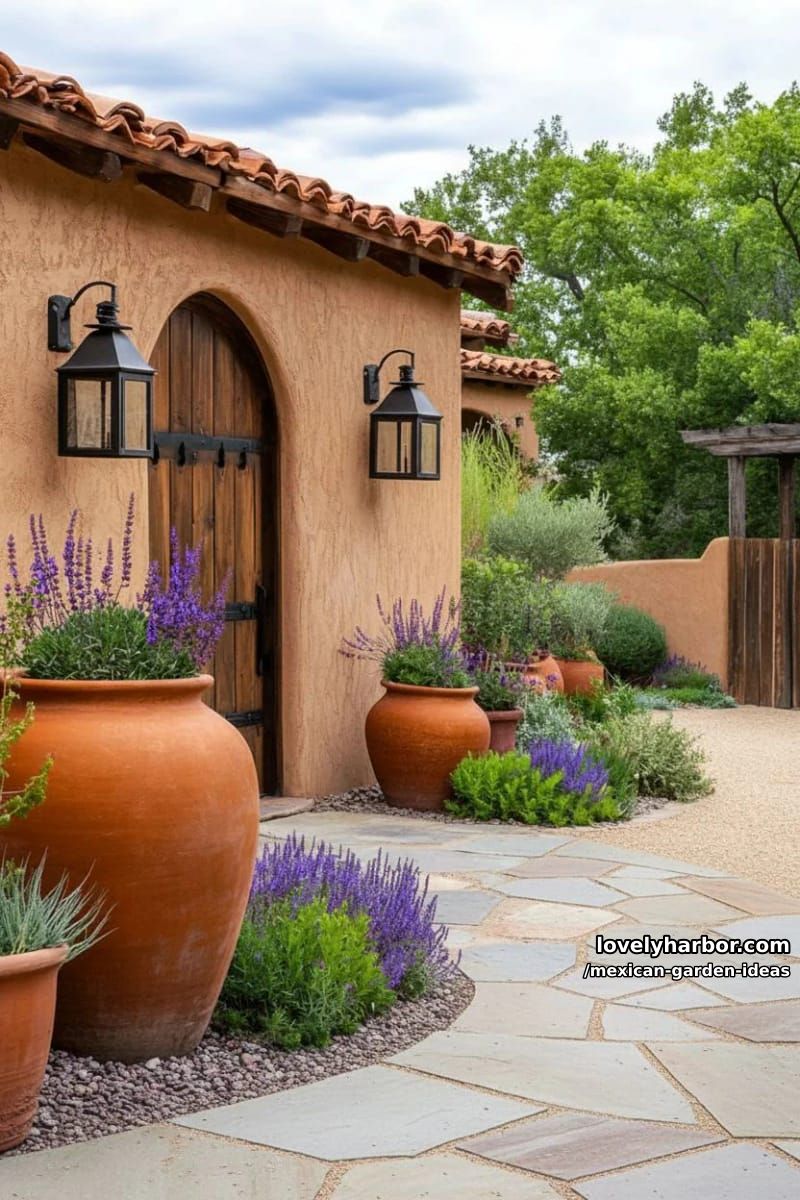 southwestern courtyard with adobe walls, flagstone path, and terracotta pots. 1