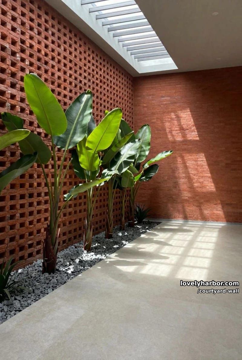 space with red brick lattice wall, tropical plants, and skylight shadows 1