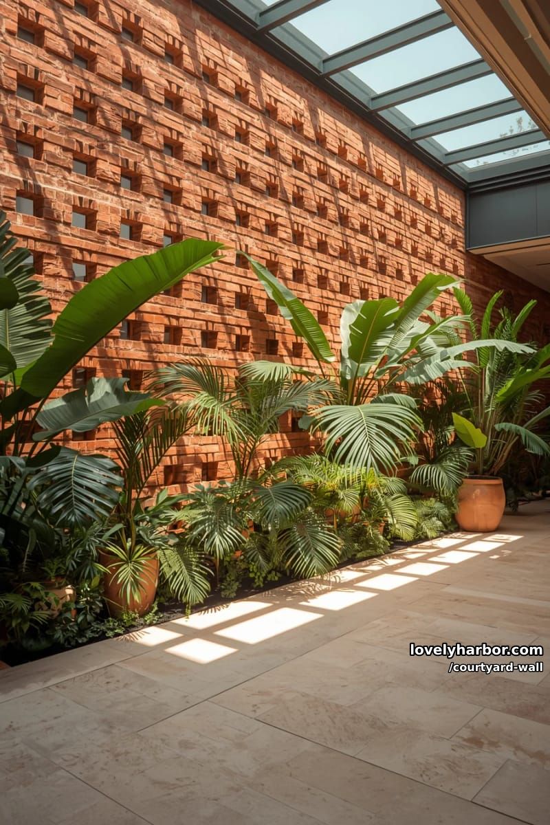 space with red brick lattice wall, tropical plants, and skylight shadows 1