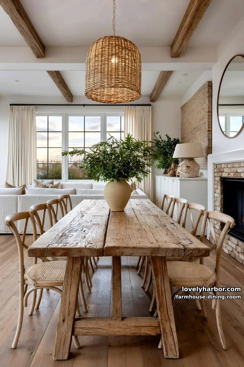 44 Rustic Farmhouse Dining Rooms to Inspire Your Space 26 spacious dining room with plank table, rattan chairs, woven pendant, white sofa, fireplace. 1
