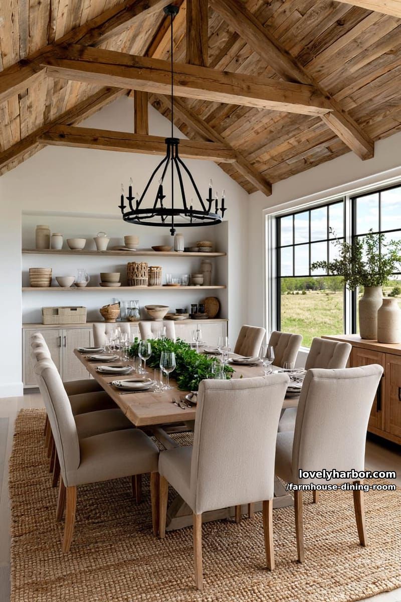 spacious dining room with vaulted wood ceiling, leaf garland centerpiece, iron chandelier, open shelving. 1
