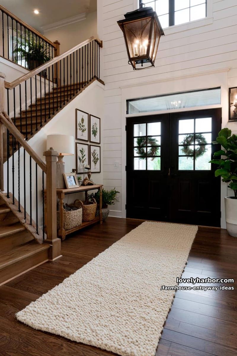 spacious farmhouse entryway with double doors, chandelier, console, and botanical prints. 1