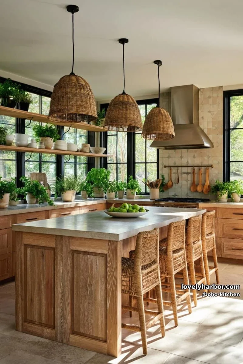 spacious kitchen, light wood island, rattan stools, black windows, abundant greenery. 1