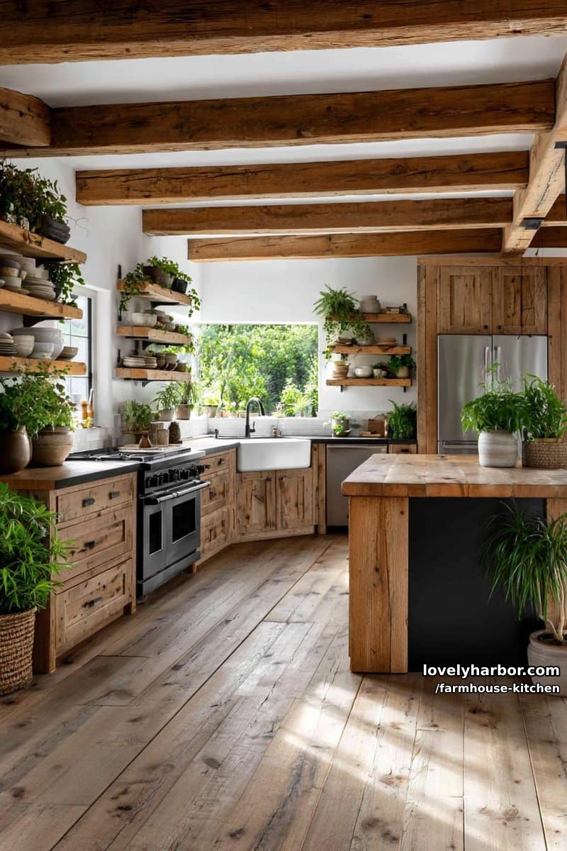 spacious kitchen with rustic cabinetry, island, greenery, and wood beams. 1