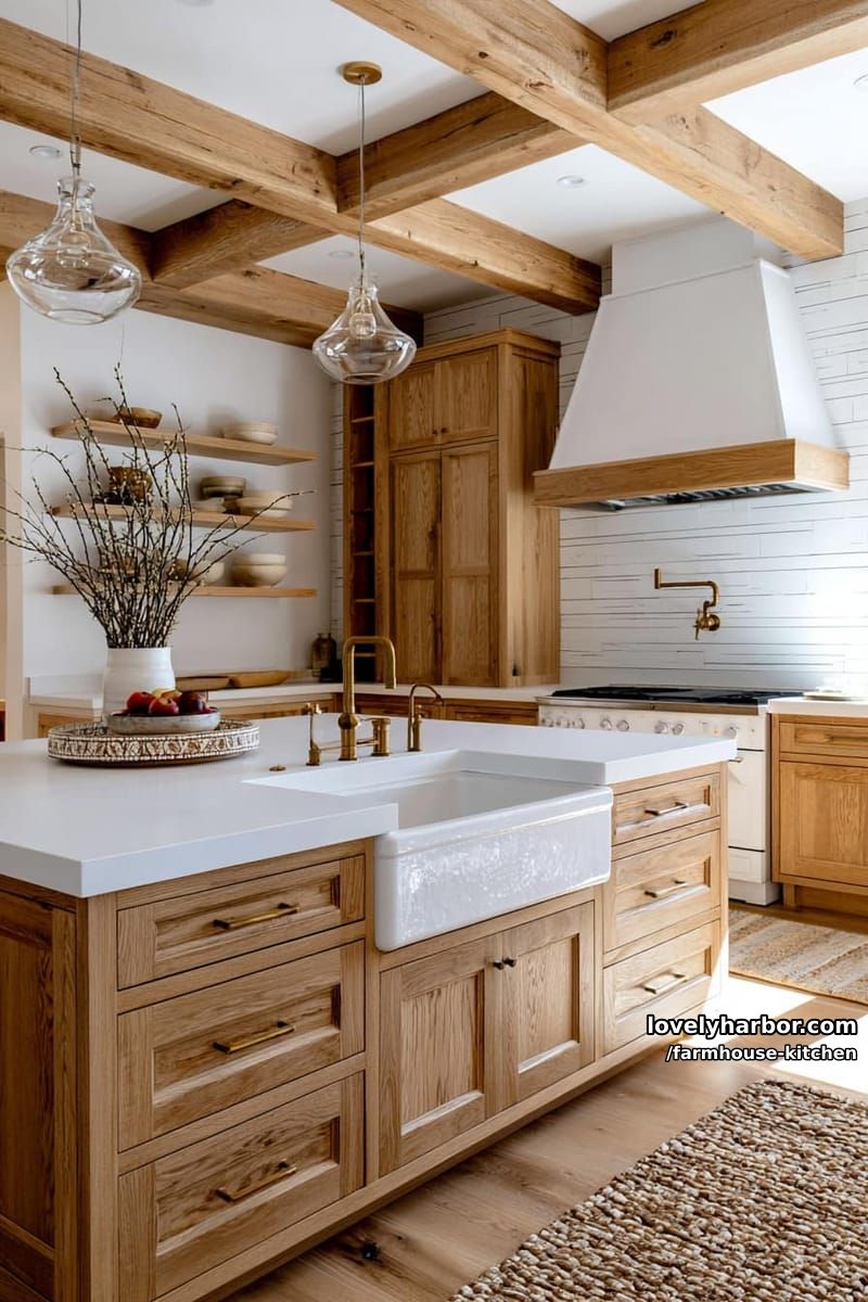 spacious kitchen with wood cabinetry, white island, and brass fixtures. 1