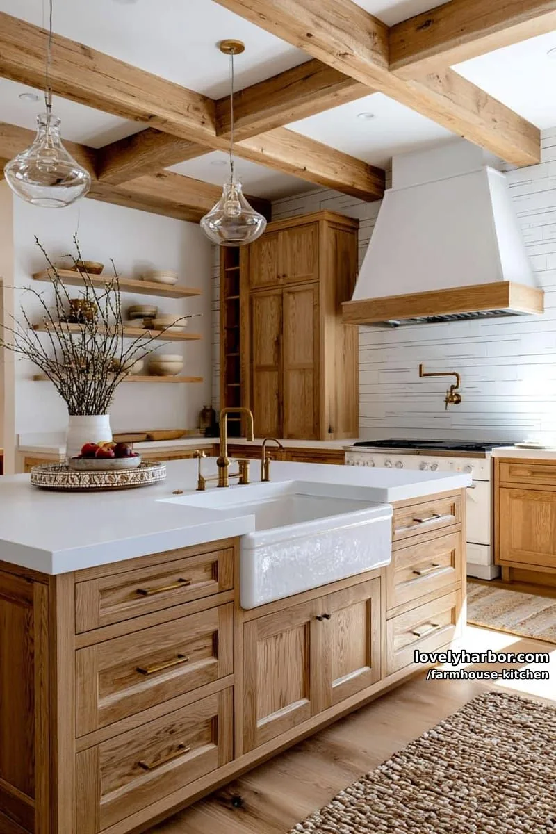 44 Trendy Farmhouse Kitchen Ideas to Inspire Your Next Remodel 47 spacious kitchen with wood cabinetry, white island, and brass fixtures. 1