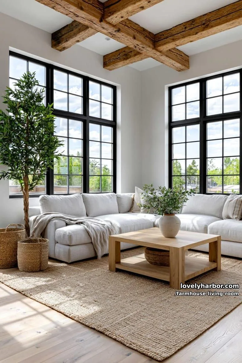 spacious living room with black-framed windows, gray sectional, wood coffee table, and greenery. 1