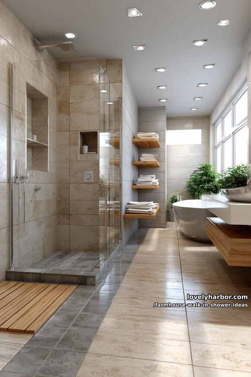 spacious modern bathroom with large walk-in shower, beige-gray tiles, and floating vanity. 1