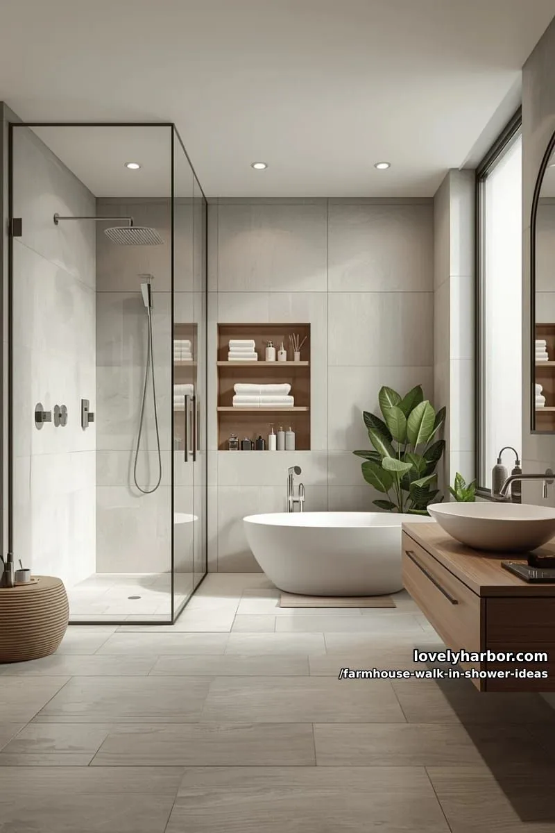spacious modern bathroom with large walk-in shower, beige-gray tiles, and floating vanity. 1