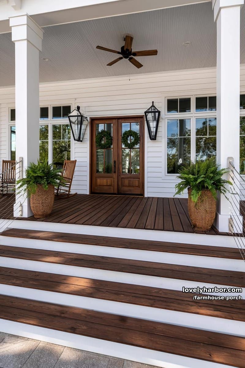 spacious porch with dark wood deck, double doors, rocking chairs, and green ferns. 1