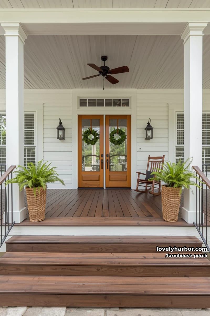 spacious porch with dark wood deck, double doors, rocking chairs, and green ferns. 1