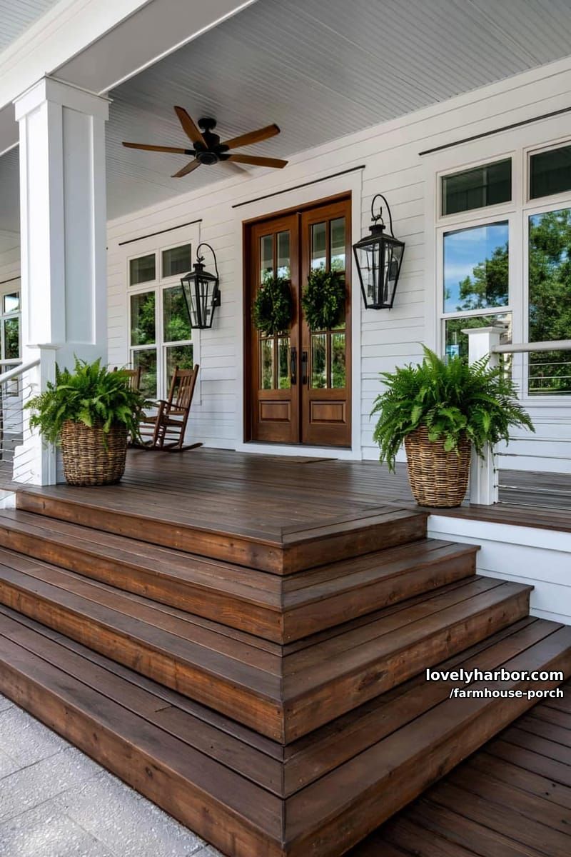 spacious porch with dark wood deck, double doors, rocking chairs, and green ferns. 1