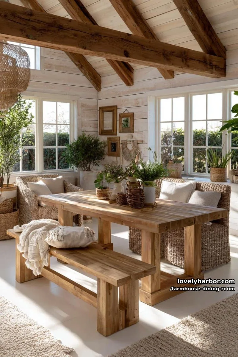44 Rustic Farmhouse Dining Rooms to Inspire Your Space 38 spacious rustic farmhouse dining with benches, woven chairs, potted plants, wall mirrors, pendant lights. 1