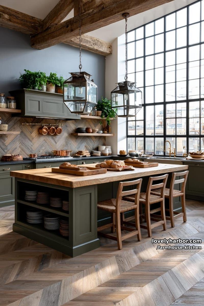 spacious rustic kitchen with dark green cabinets, wood island, and herringbone backsplash. 1