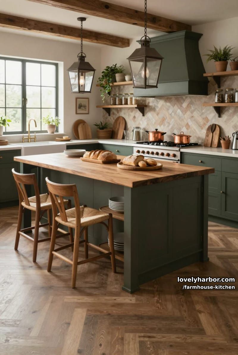 spacious rustic kitchen with dark green cabinets, wood island, and herringbone backsplash. 1