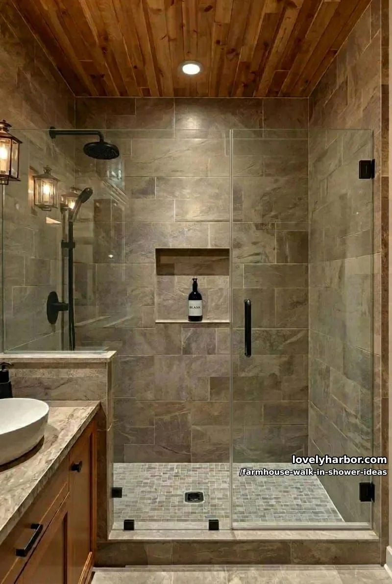 spacious walk-in shower with earth-toned stone tiles, black fixtures, and wood ceiling. 1
