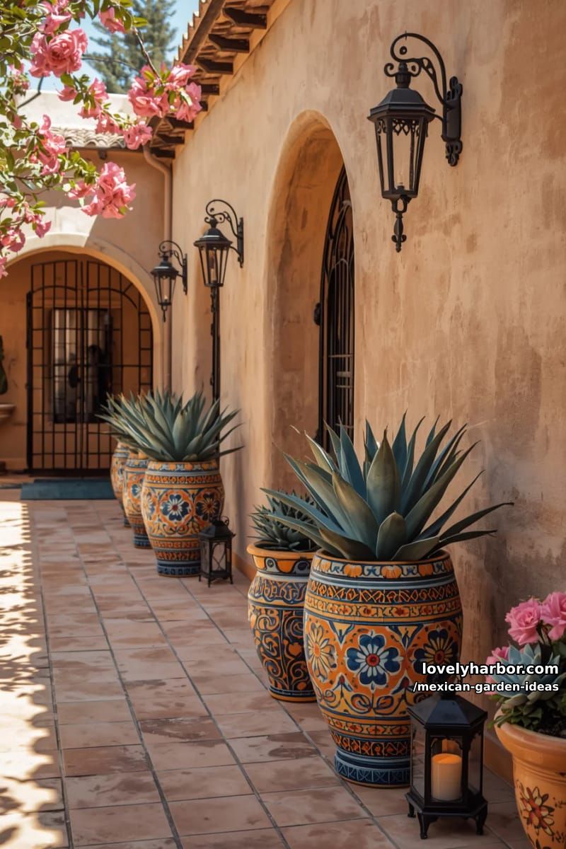 spanish-style courtyard with talavera pots, agave, and blooming pink flowers. 1