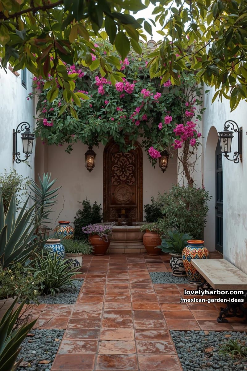 spanish-style courtyard with talavera pots, agave, and blooming pink flowers. 1