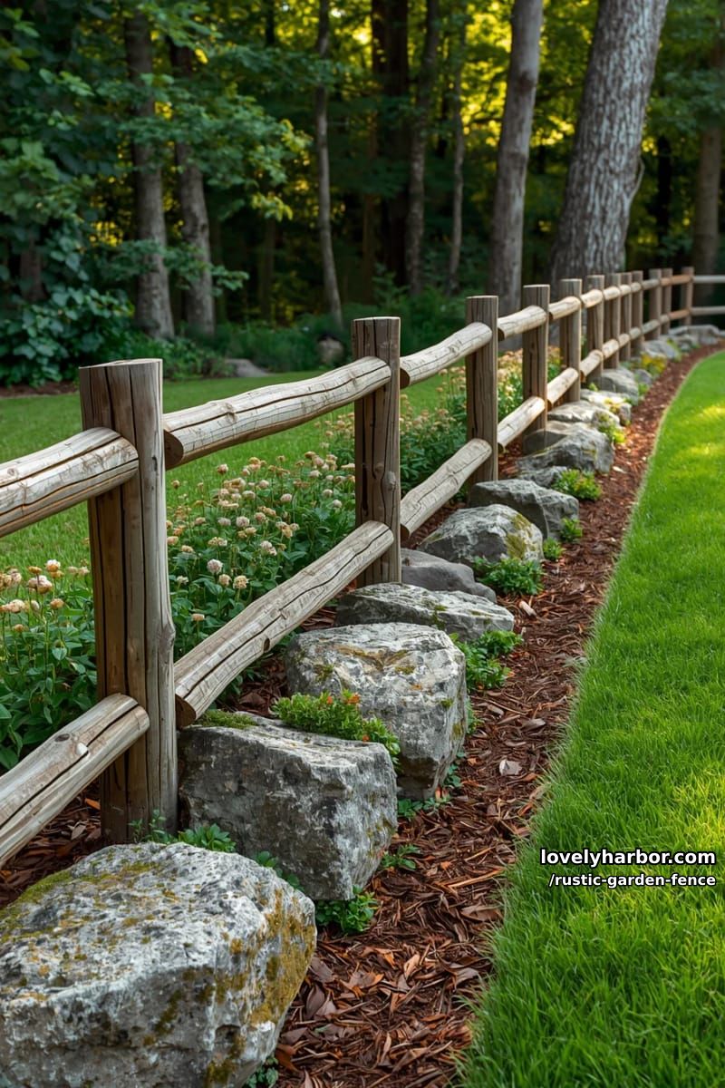 split rail log fence with boulders and flowering perennials along mulch. 1