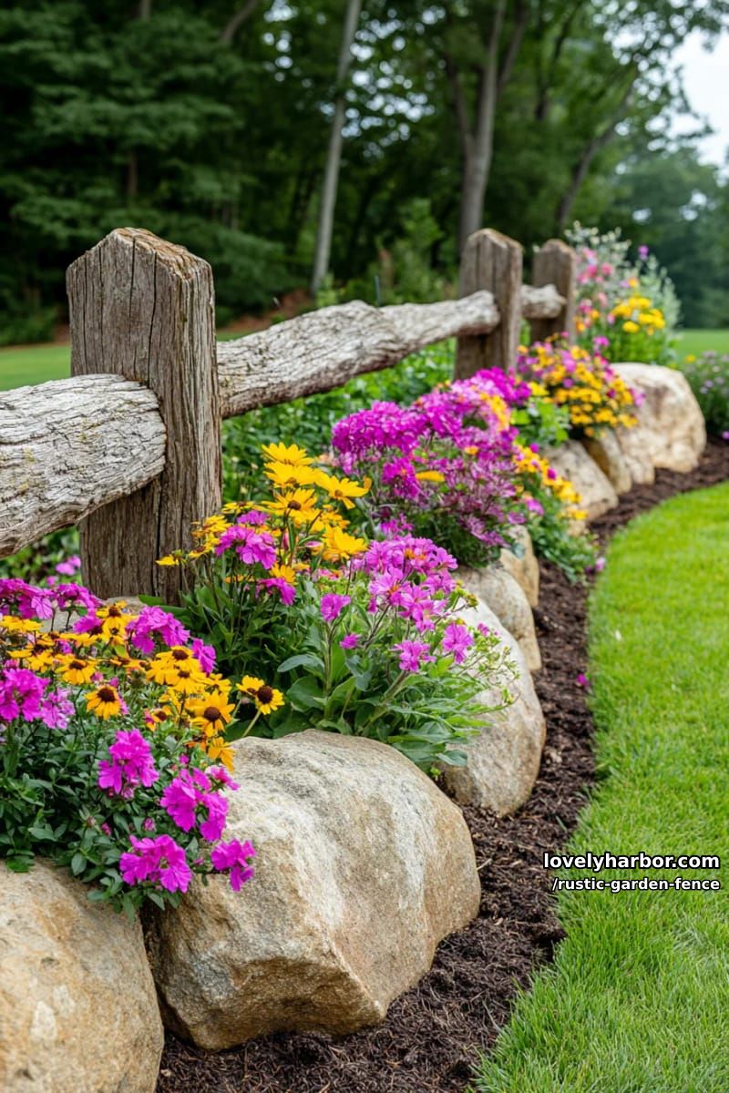 split rail log fence with boulders and flowering perennials along mulch. 1